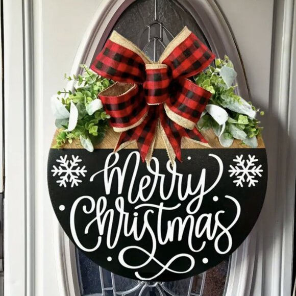 Merry Christmas Rustic Front Door Hanging Sign Festive Holiday Wood Wreath 11.8" - Picture 2 of 5